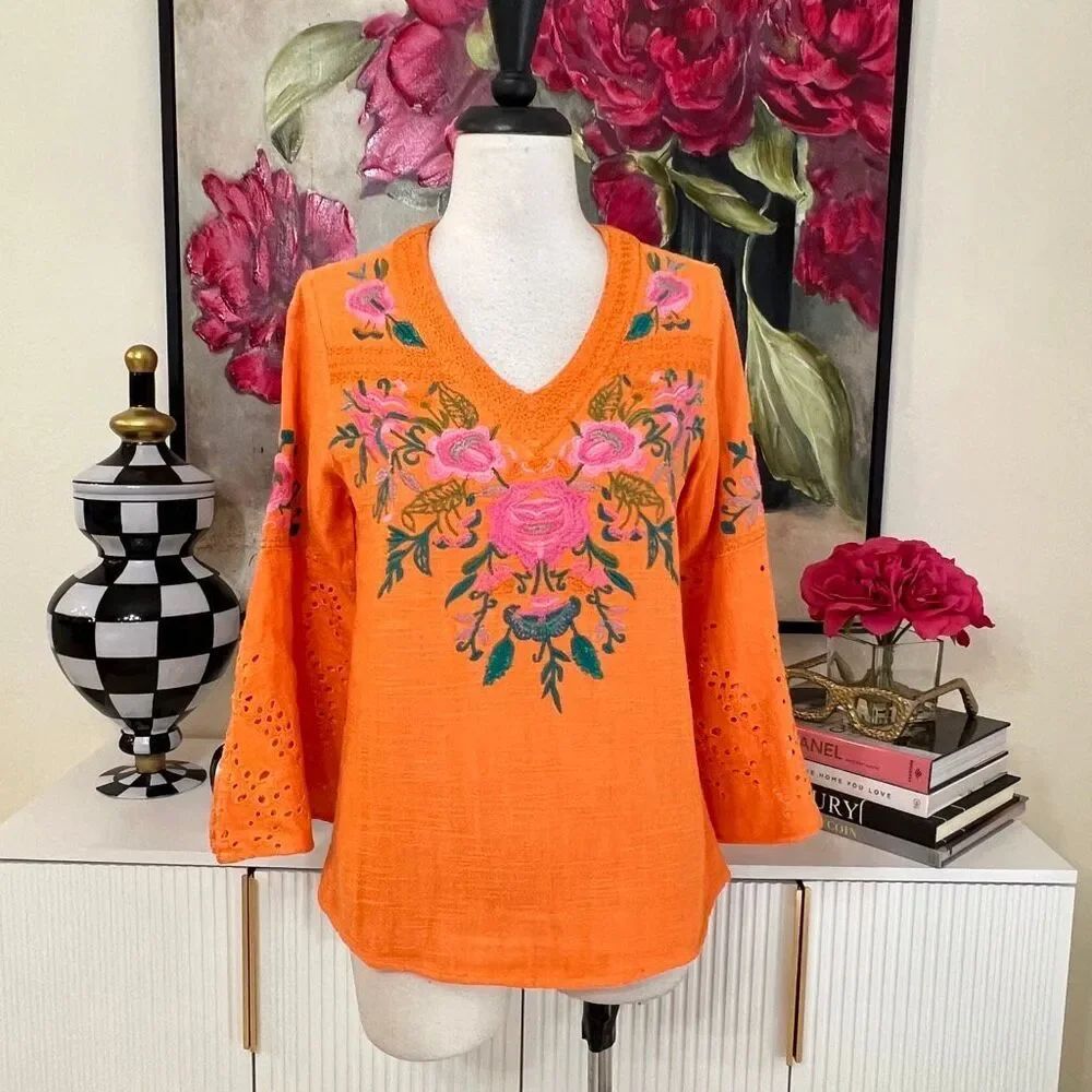Sharon Young Womens Floral Embroidered Bell Sleeve Peasant Blouse Orange Size XS